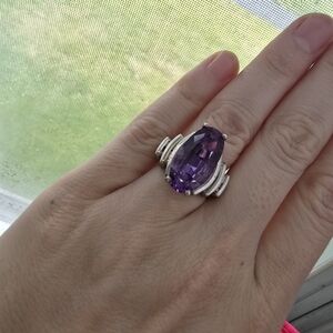 Vintage Sterling Silver W/ huge Amethyst Faceted Oval Stone Ring Size 6